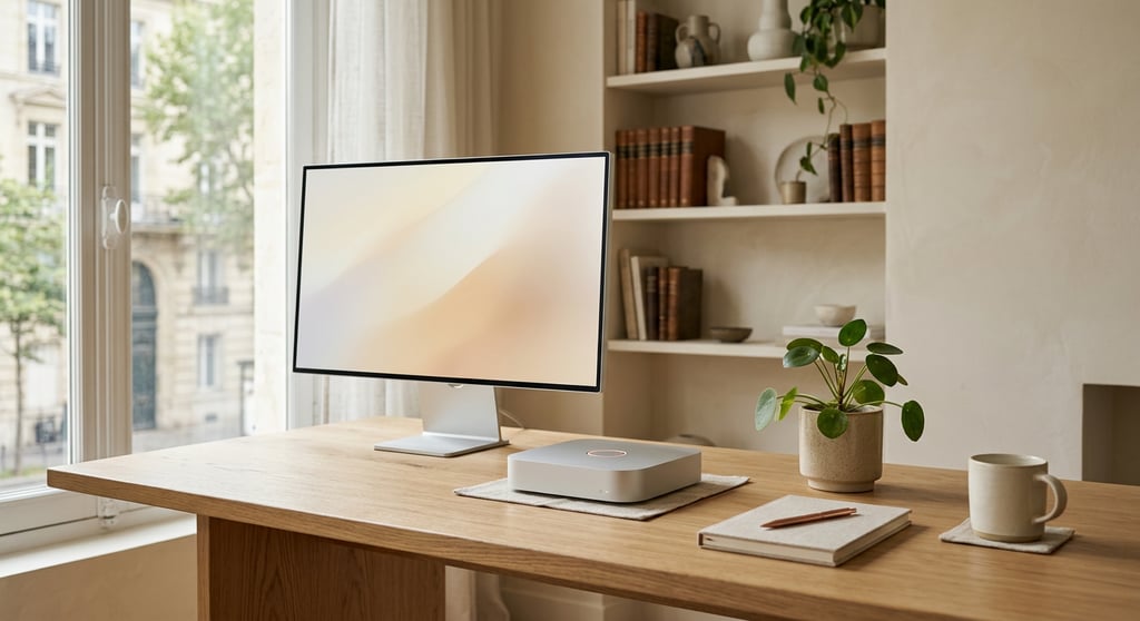 Bueroszene mit Schreibtisch, Laptop und KI-gestuetztem Arbeitsflow